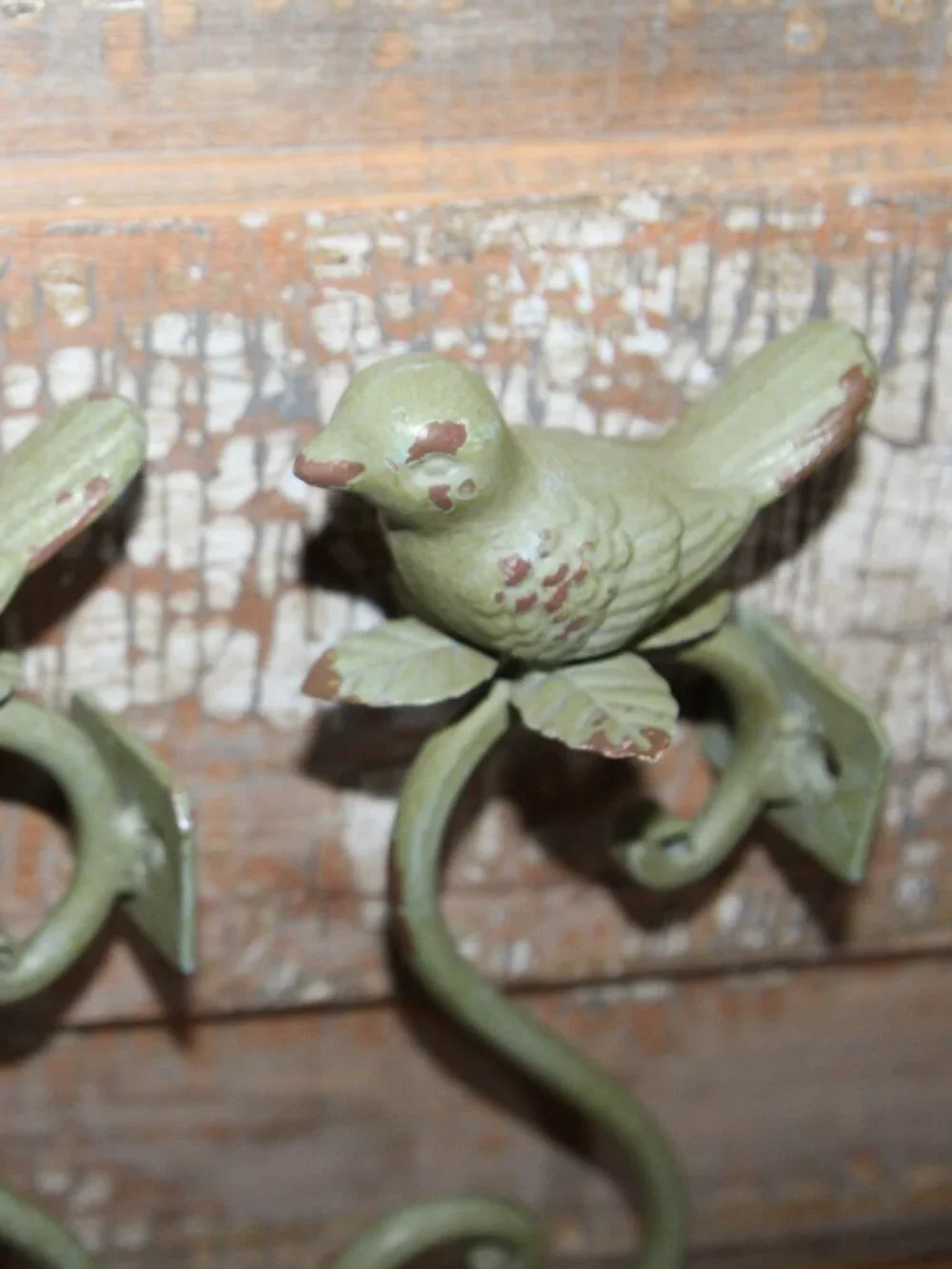 Shabby Chippy Green Cast Iron French Country Farmhouse Bird Wall Decor Hooks